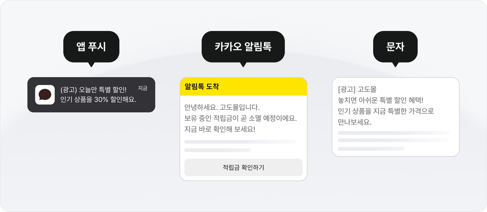 CRM 마케팅 채널인 앱 푸시, 카카오 알림톡, 문자로 받은 쇼핑몰 할인 안내 메시지 화면